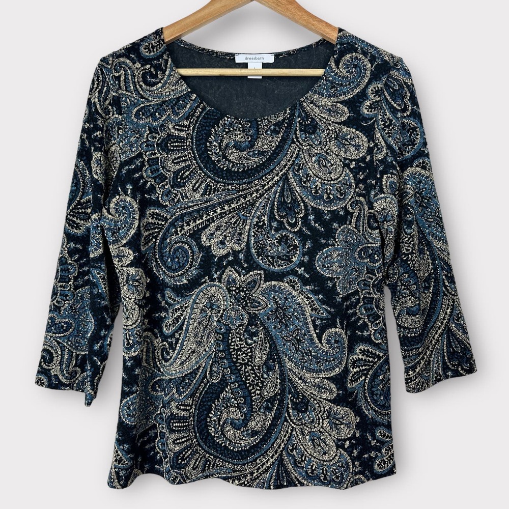 Dressbarn Blouse Paisley Scoop Neck 3/4 Length Sleeve Blue Tan Large